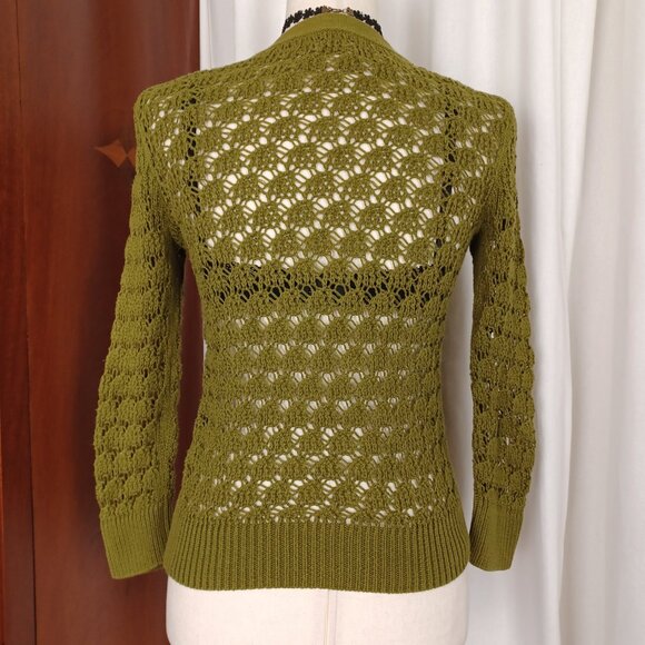 Vintage 100% Cotton Pointelle Knit Cardigan, Olive Green, XS/S - Picture 4 of 8